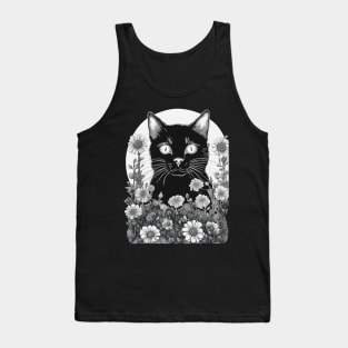 Aesthetic black cat  black and white with flowers Tank Top